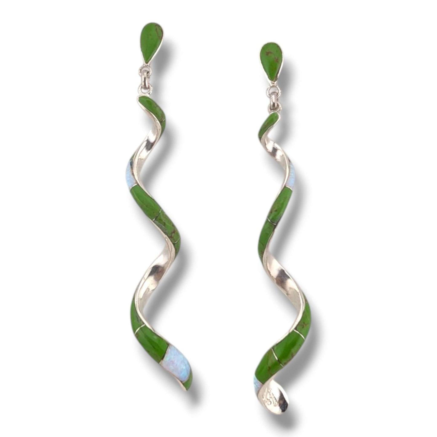 Sterling Silver Long Spiral Twist Inlay Dangle Post Earrings by OP