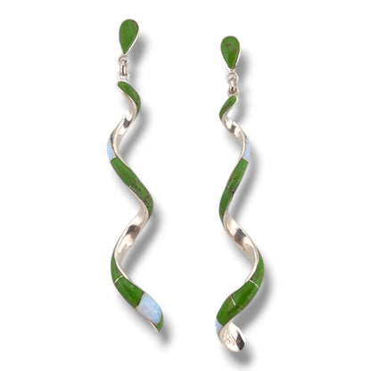 Sterling Silver Long Spiral Twist Inlay Dangle Post Earrings by OP