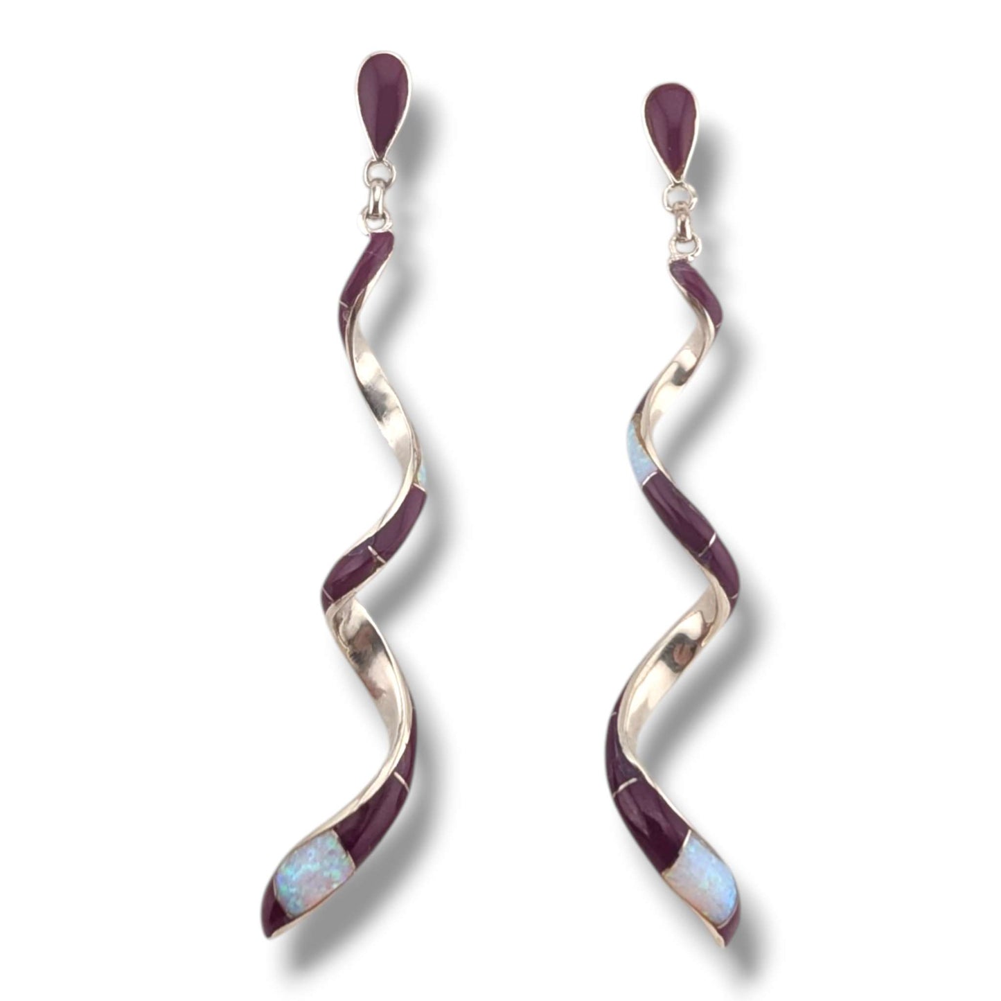 Sterling Silver Long Spiral Twist Inlay Dangle Post Earrings by OP