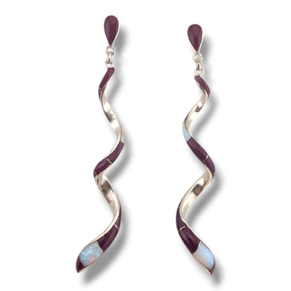 Sterling Silver Long Spiral Twist Inlay Dangle Post Earrings by OP