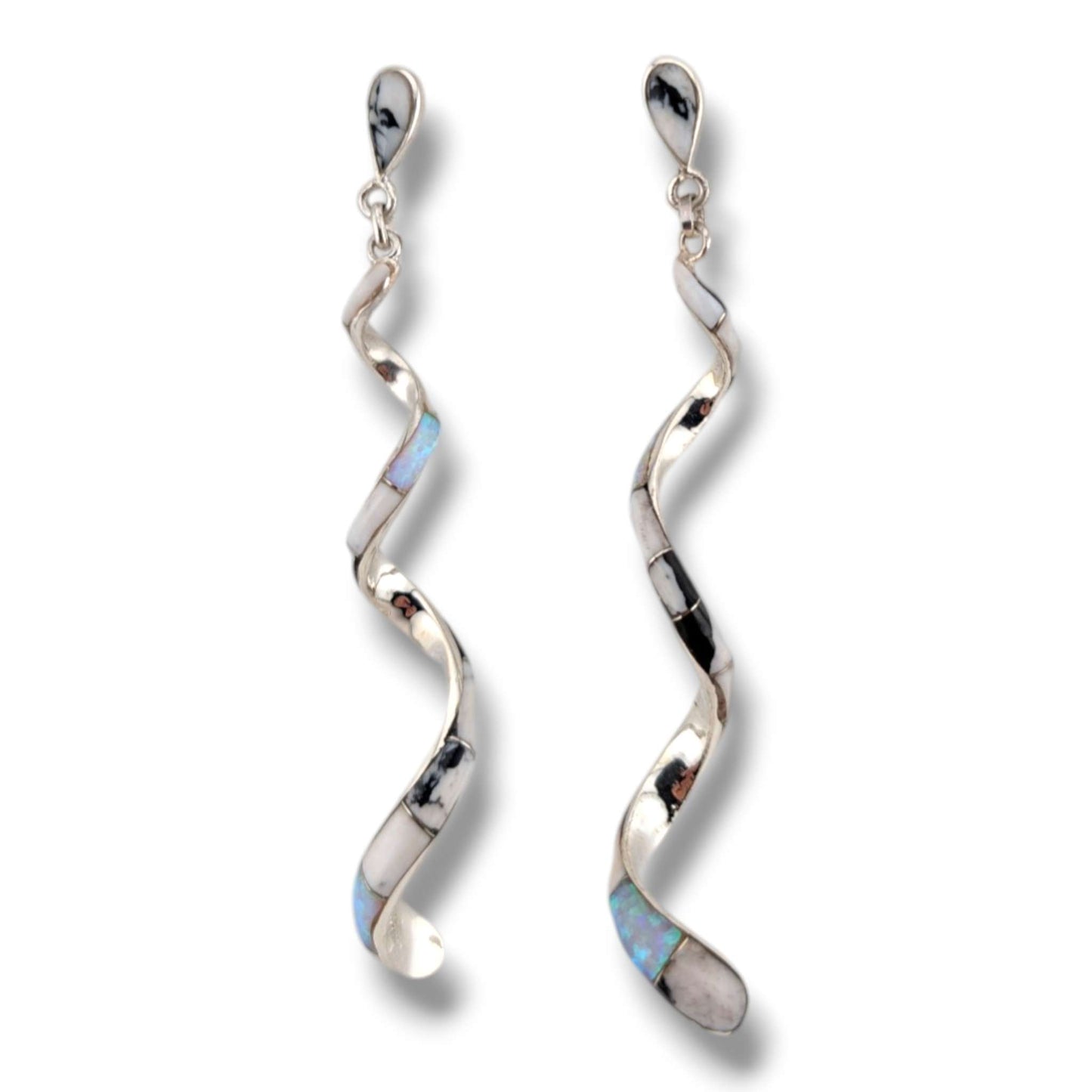Sterling Silver Long Spiral Twist Inlay Dangle Post Earrings by OP