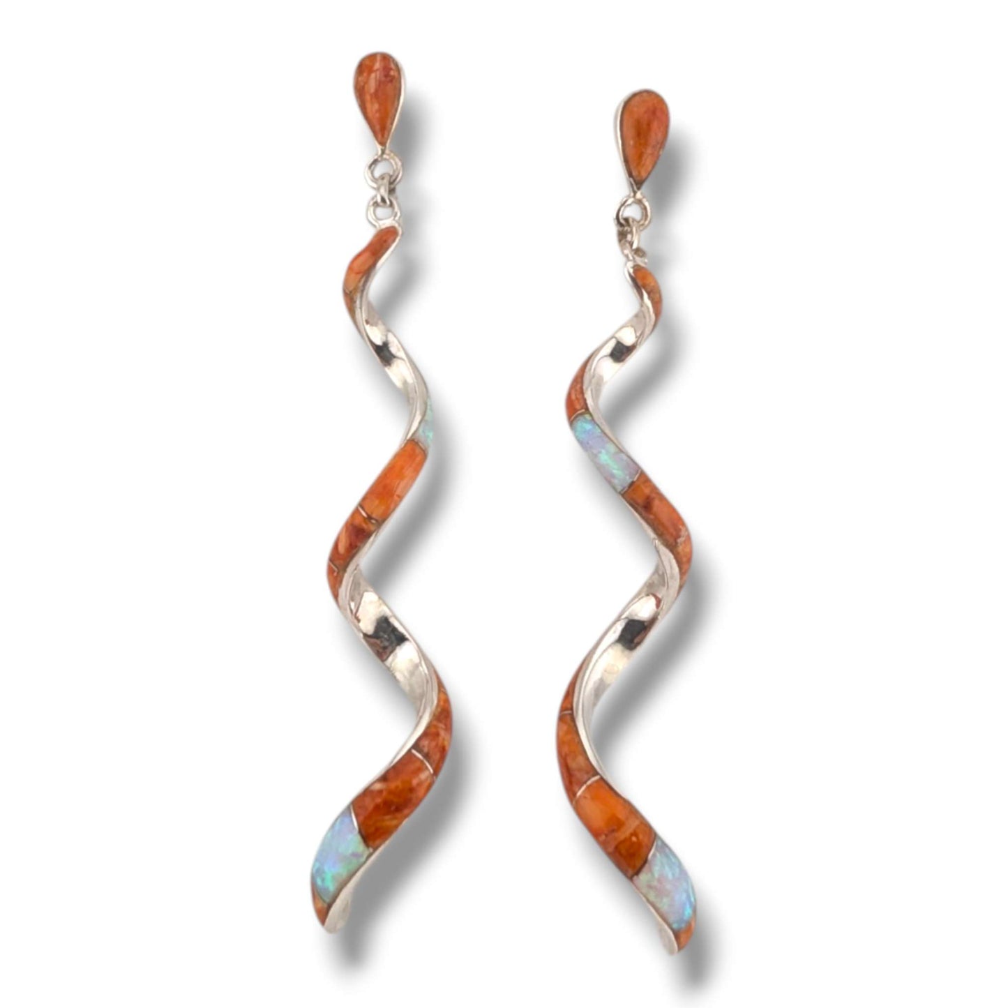 Sterling Silver Long Spiral Twist Inlay Dangle Post Earrings by OP