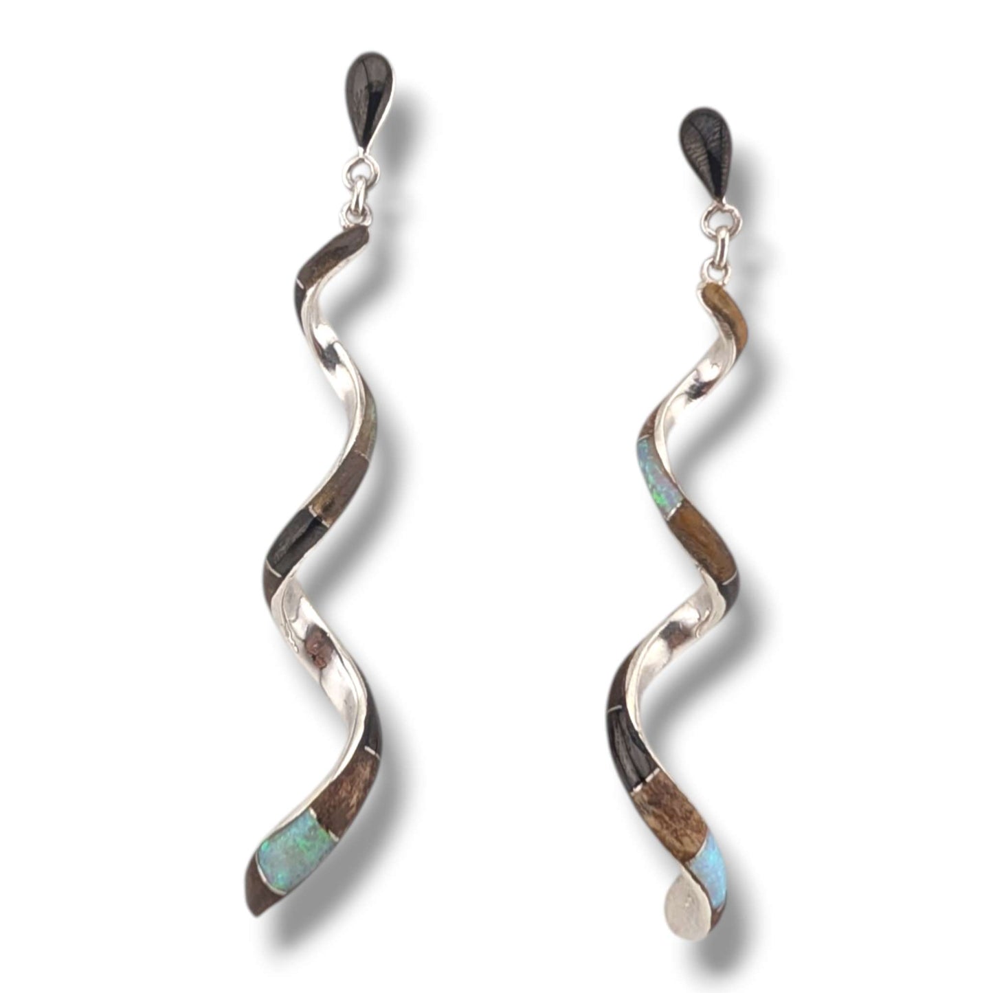 Sterling Silver Long Spiral Twist Inlay Dangle Post Earrings by OP