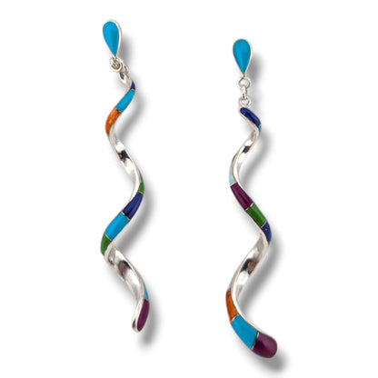 Sterling Silver Long Spiral Twist Inlay Dangle Post Earrings by OP