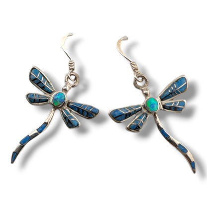 Sterling Silver Dragonfly Inlay Stone With Opal Hook Earrings