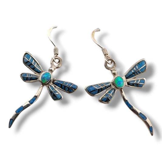 Sterling Silver Dragonfly Inlay Stone With Opal Hook Earrings
