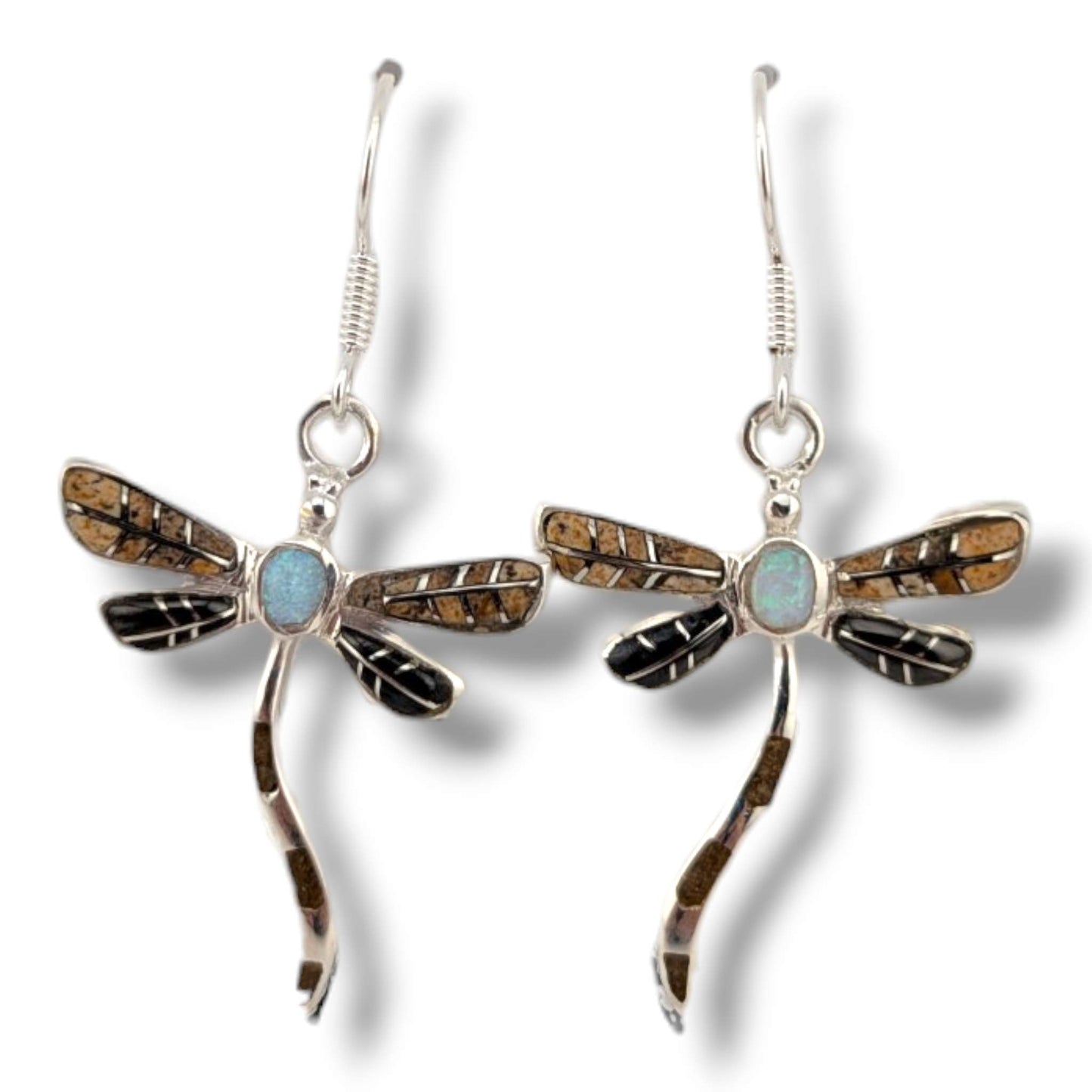 Sterling Silver Dragonfly Inlay Stone With Opal Hook Earrings