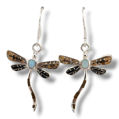 Sterling Silver Dragonfly Inlay Stone With Opal Hook Earrings