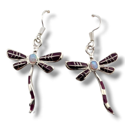 Sterling Silver Dragonfly Inlay Stone With Opal Hook Earrings