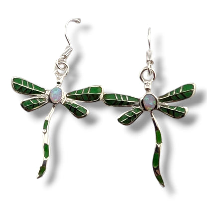 Sterling Silver Dragonfly Inlay Stone With Opal Hook Earrings