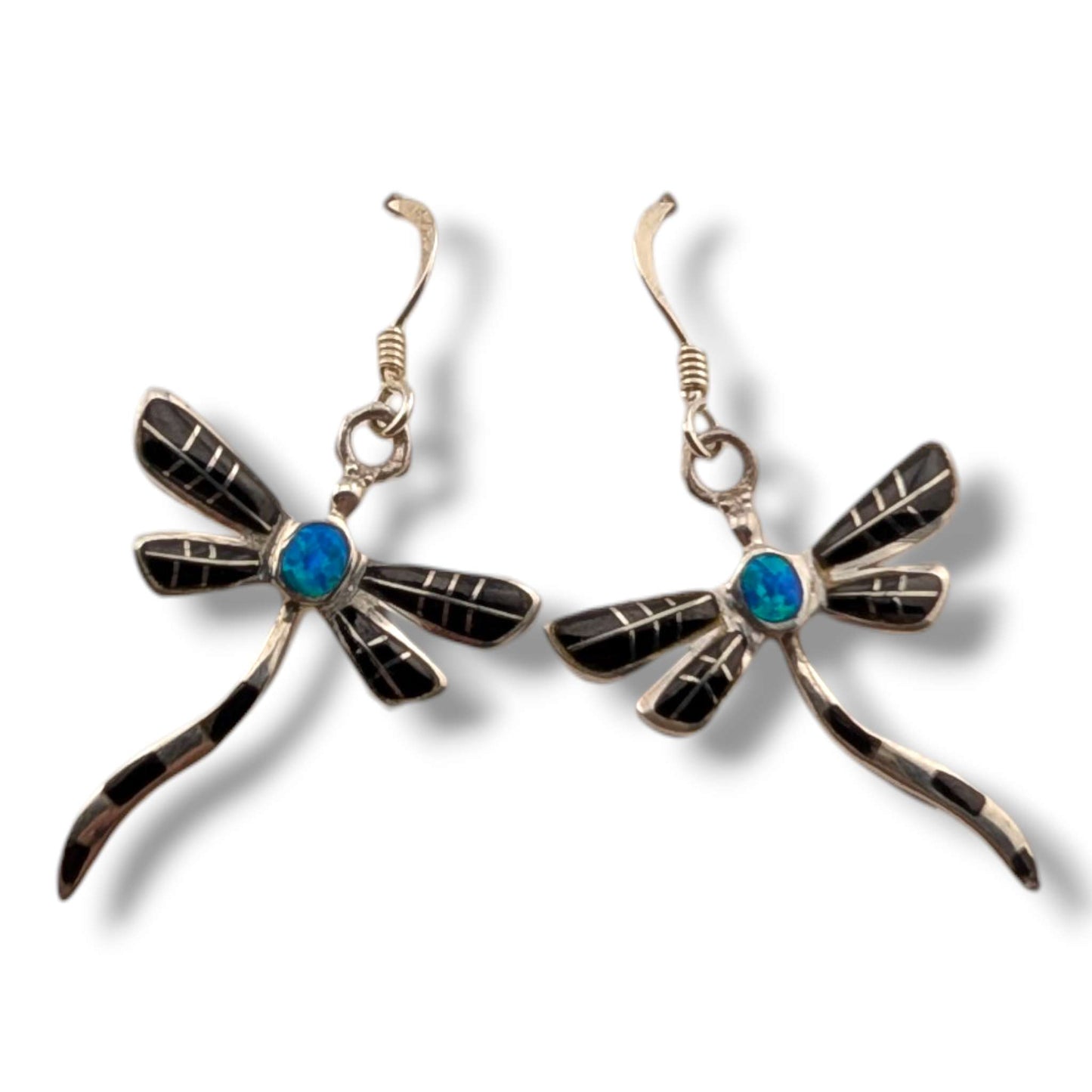 Sterling Silver Dragonfly Inlay Stone With Opal Hook Earrings