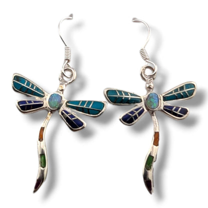 Sterling Silver Dragonfly Inlay Stone With Opal Hook Earrings