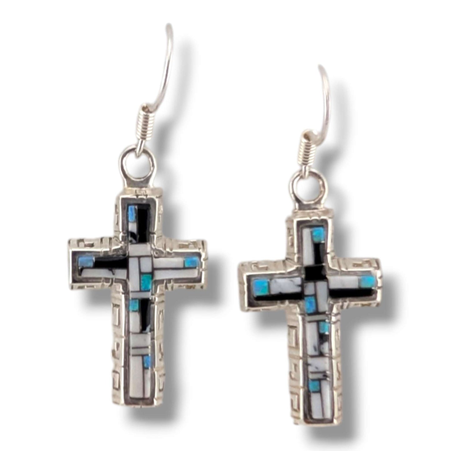 Sterling Silver Inlay Four-Point Hook Earrings