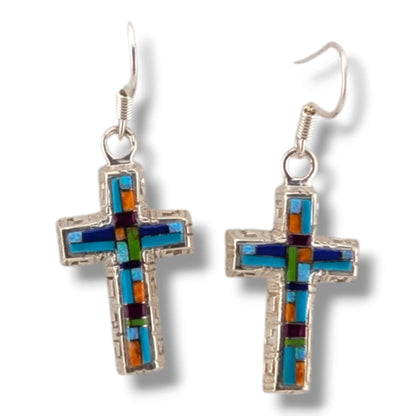 Sterling Silver Inlay Four-Point Hook Earrings