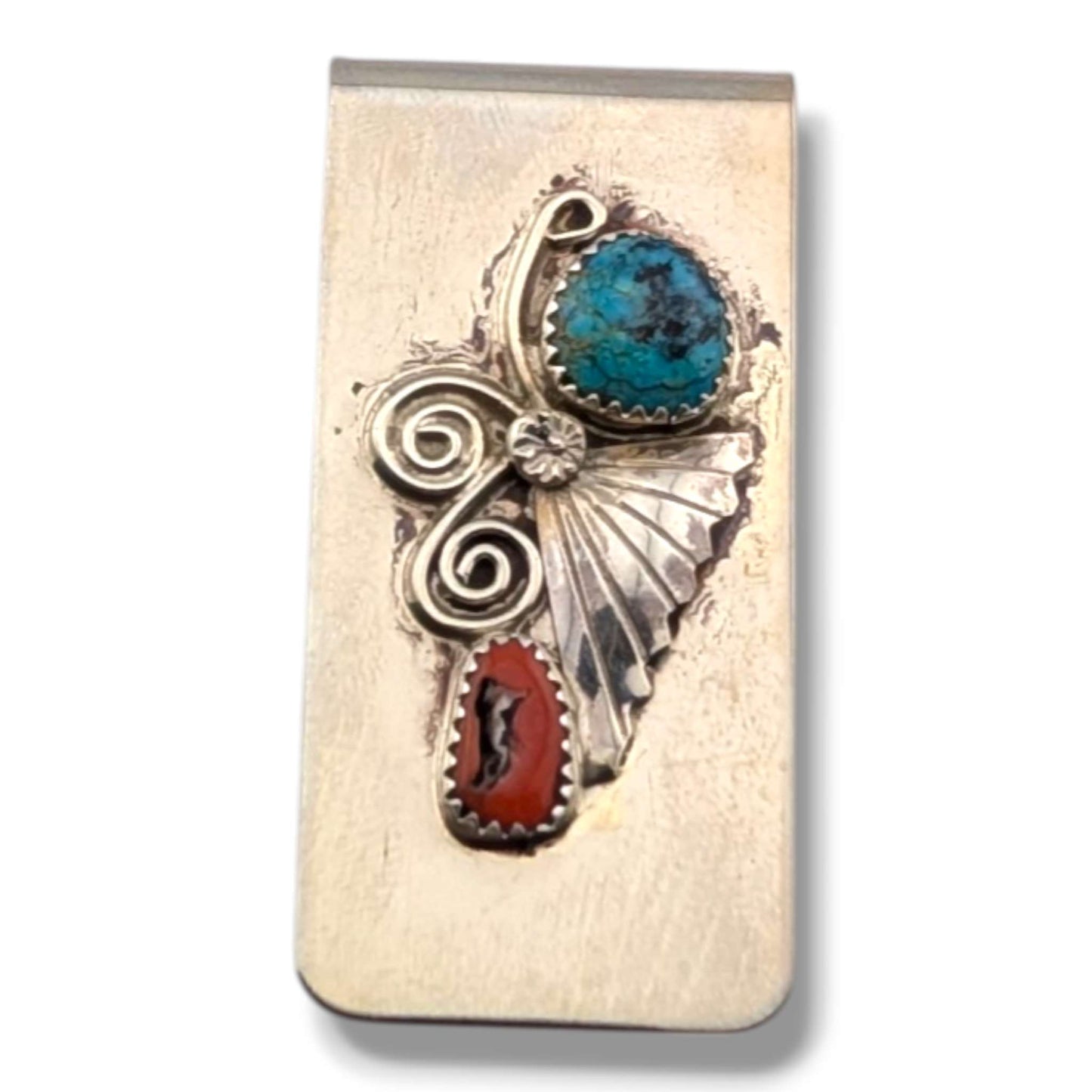 Navajo Handmade Vintage Sterling Silver Turquoise and Coral Money Clip