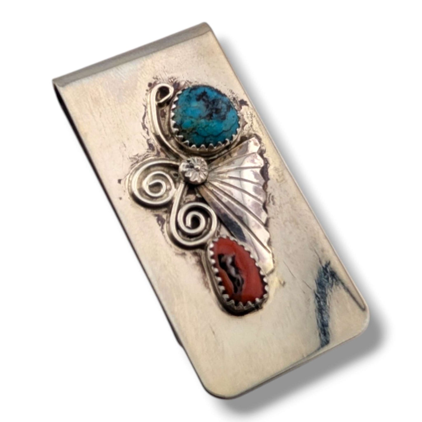 Navajo Handmade Vintage Sterling Silver Turquoise and Coral Money Clip