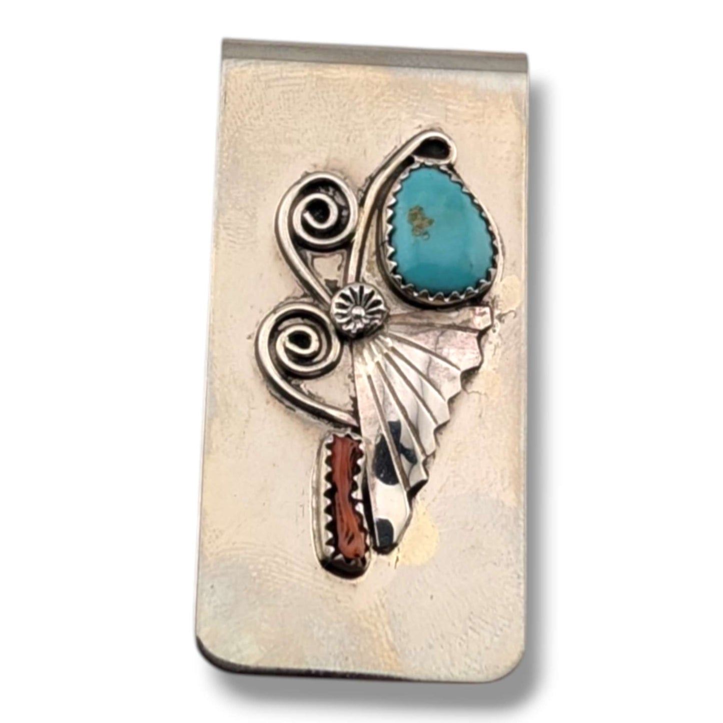 Navajo Handmade Vintage Sterling Silver Turquoise and Coral Money Clip