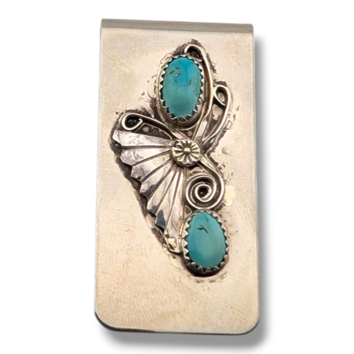 Navajo Handmade Vintage Sterling Silver Double Turquoise Money Clip