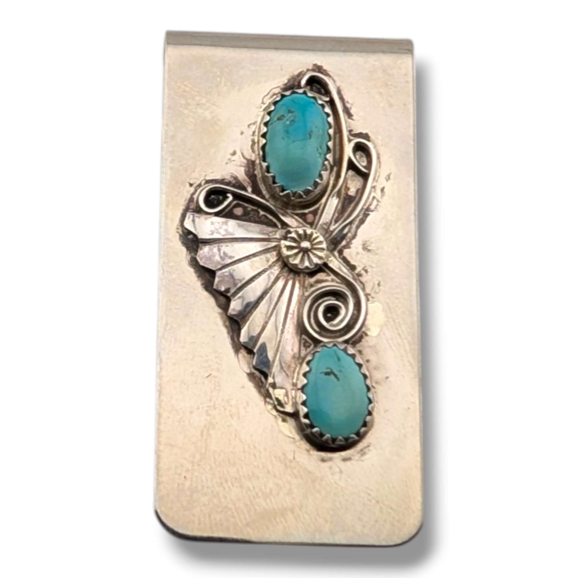 Navajo Handmade Vintage Sterling Silver Double Turquoise Money Clip - SunWest Treasures