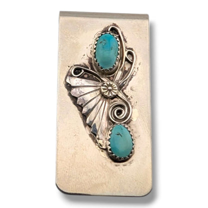 Navajo Handmade Vintage Sterling Silver Double Turquoise Money Clip