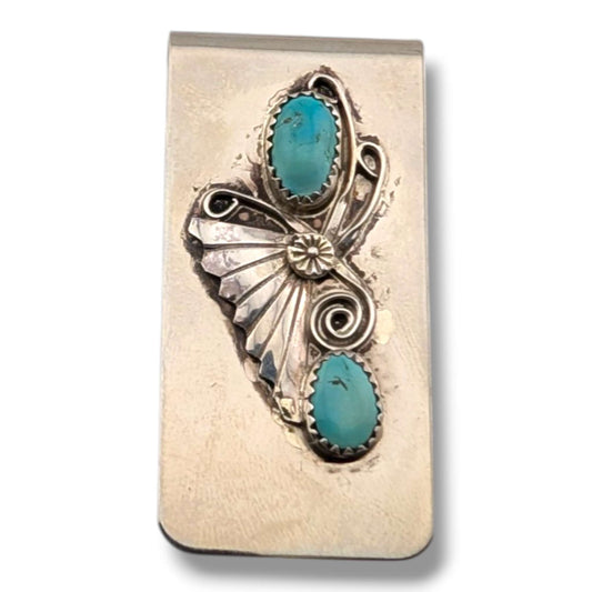 Navajo Handmade Vintage Sterling Silver Double Turquoise Money Clip