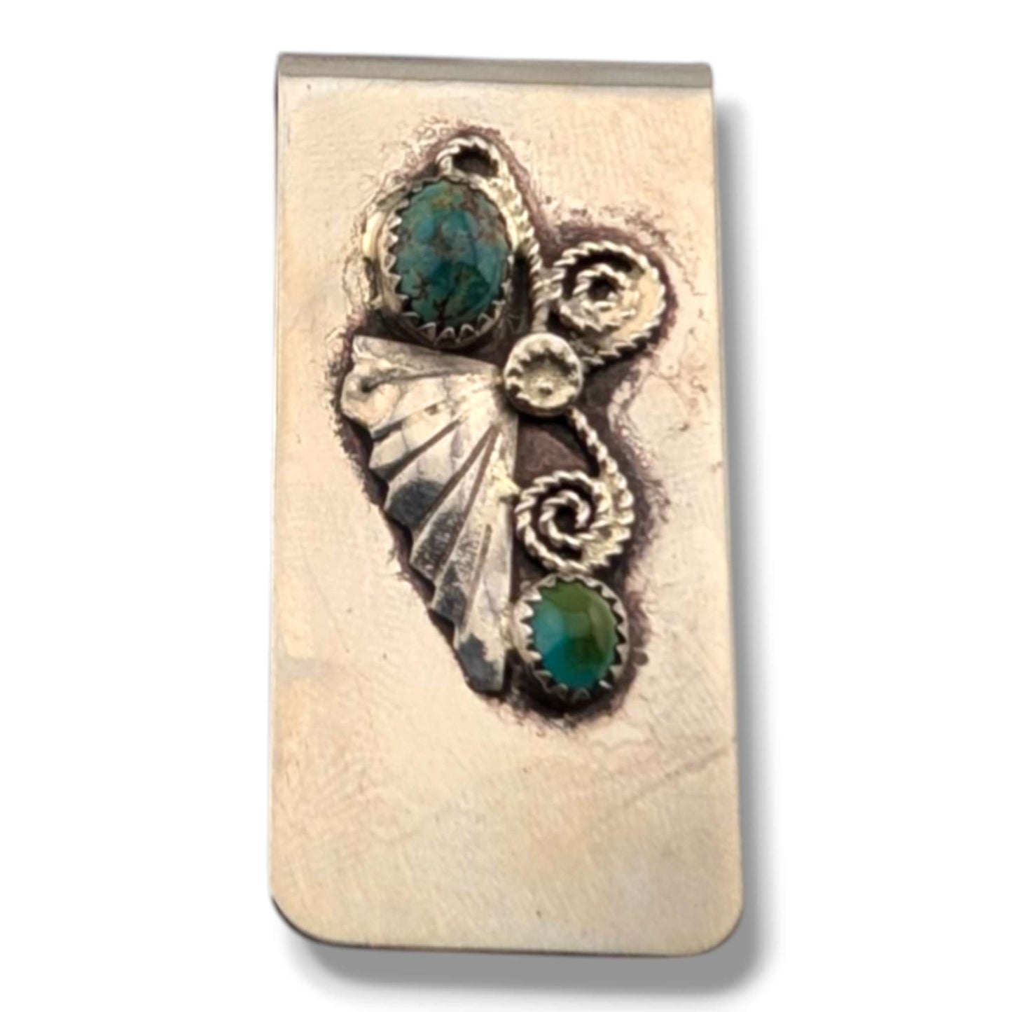 Navajo Handmade Vintage Sterling Silver Double Turquoise Money Clip