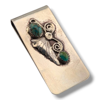 Navajo Handmade Vintage Sterling Silver Double Turquoise Money Clip