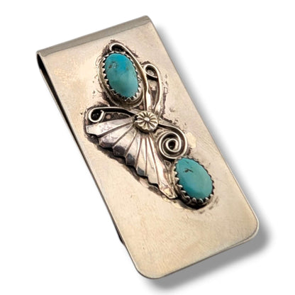 Navajo Handmade Vintage Sterling Silver Double Turquoise Money Clip