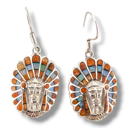 Sterling Silver Inlay Chief Head Hook Dangle Earrings