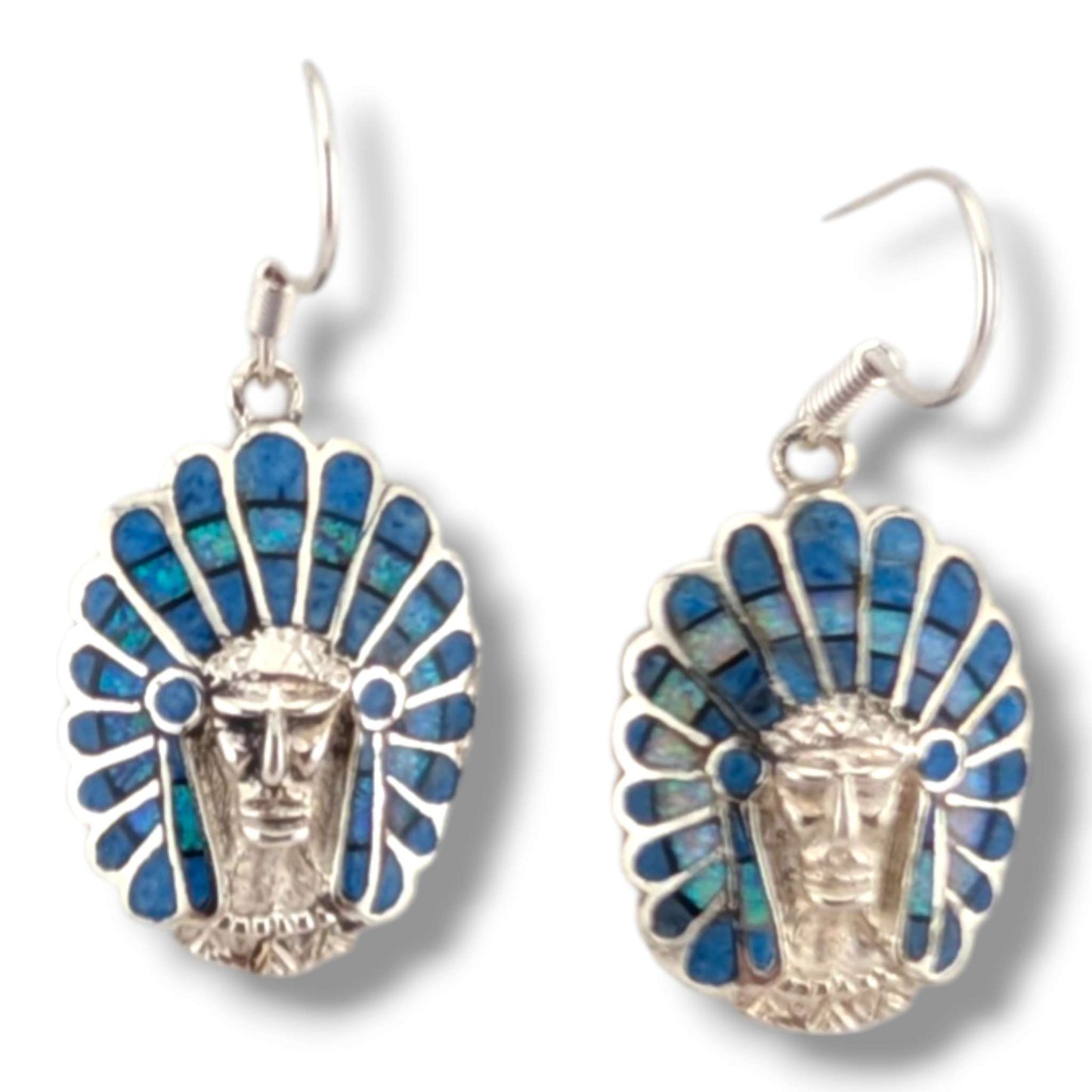 Sterling Silver Inlay Chief Head Hook Dangle Earrings