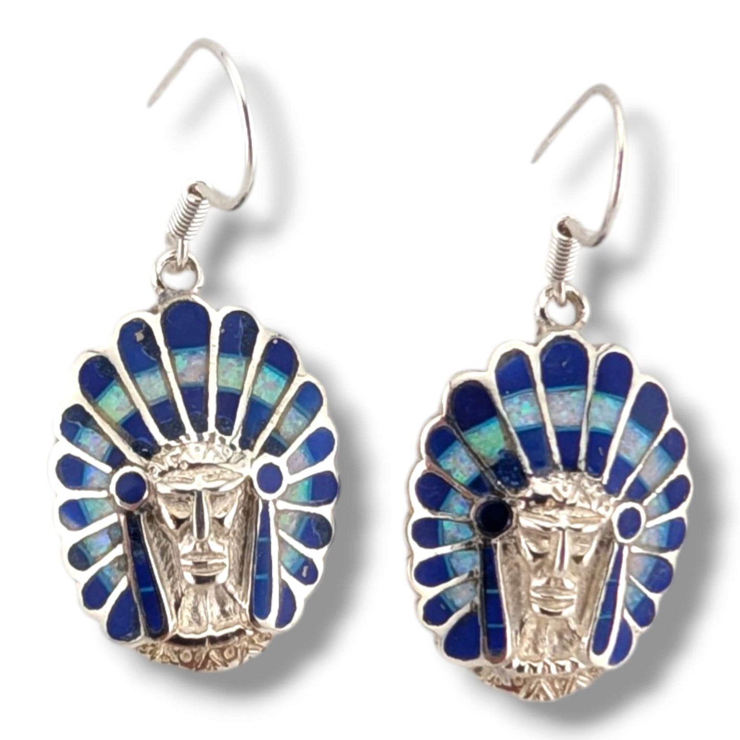 Sterling Silver Inlay Chief Head Hook Dangle Earrings