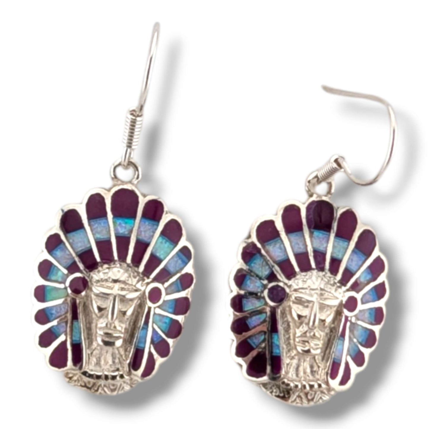 Sterling Silver Inlay Chief Head Hook Dangle Earrings