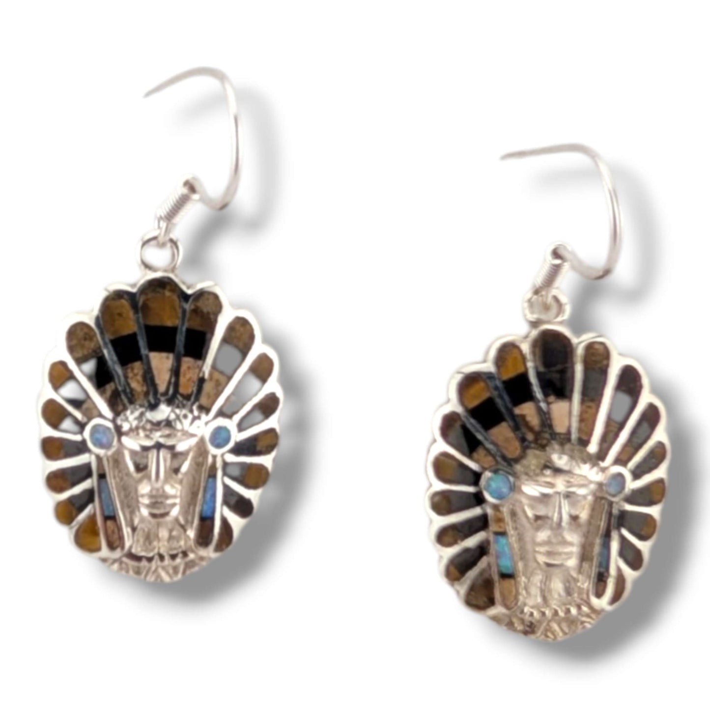 Sterling Silver Inlay Chief Head Hook Dangle Earrings