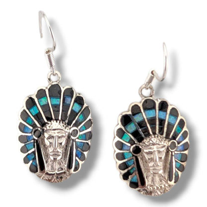 Sterling Silver Inlay Chief Head Hook Dangle Earrings