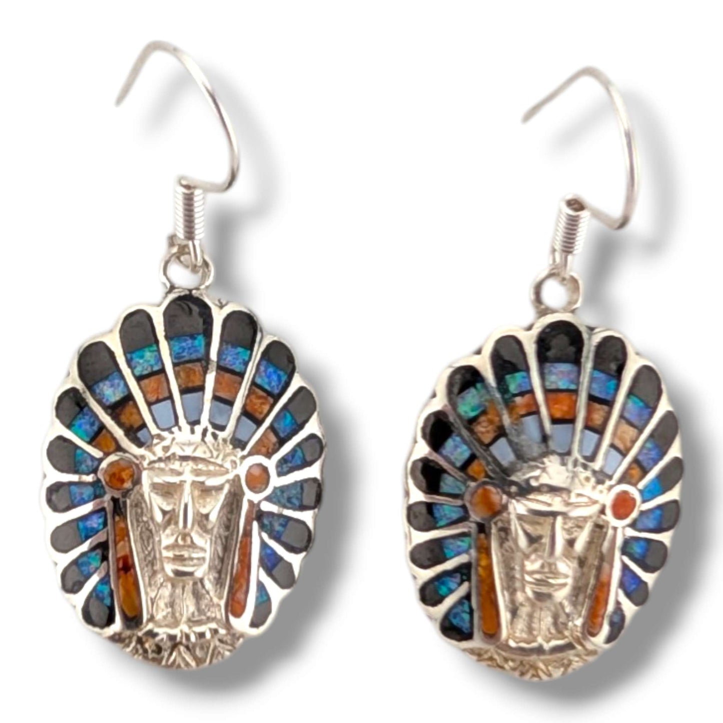 Sterling Silver Inlay Chief Head Hook Dangle Earrings