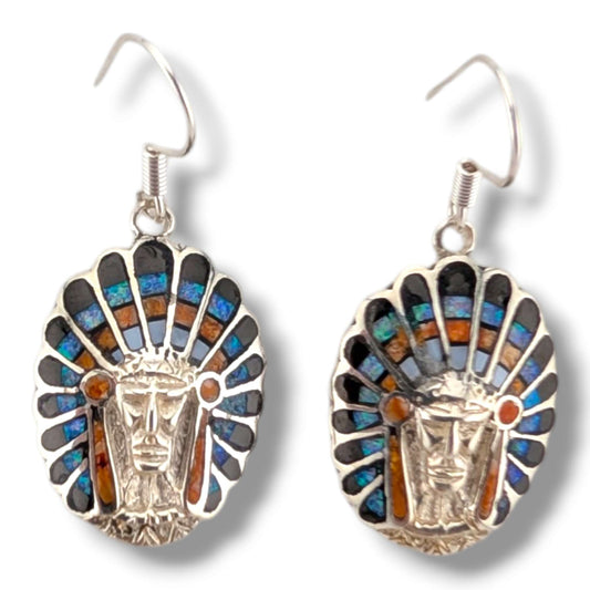 Sterling Silver Inlay Chief Head Hook Dangle Earrings