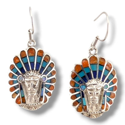 Sterling Silver Inlay Chief Head Hook Dangle Earrings