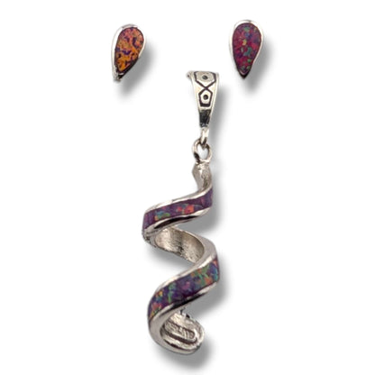 Sterling Silver Opal Spiral Twist Pendant and Teardrop Stud Earrings Set by OP