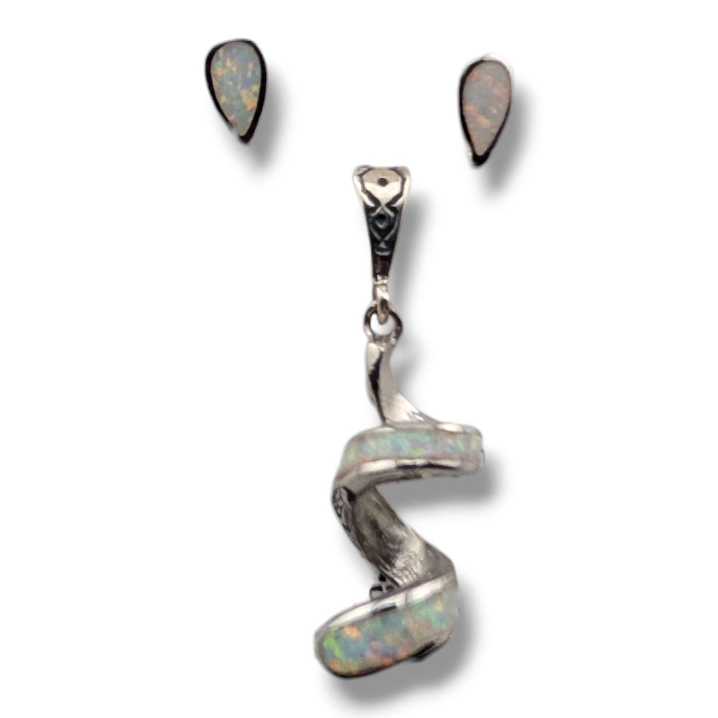 Sterling Silver Opal Spiral Twist Pendant and Teardrop Stud Earrings Set by OP