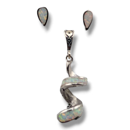 Sterling Silver Opal Spiral Twist Pendant and Teardrop Stud Earrings Set by OP