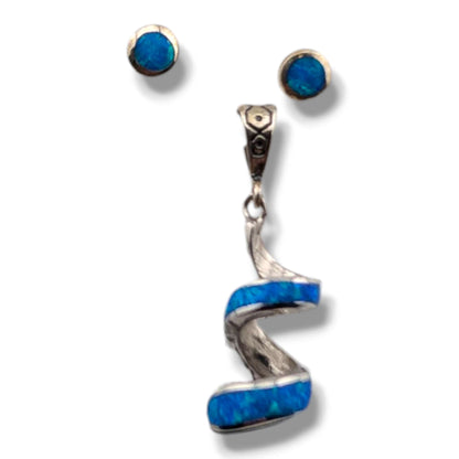 Sterling Silver Opal Spiral Twist Pendant and Teardrop Stud Earrings Set by OP