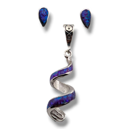 Sterling Silver Opal Spiral Twist Pendant and Teardrop Stud Earrings Set by OP