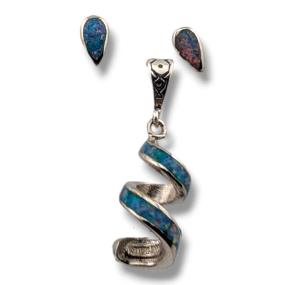 Sterling Silver Opal Spiral Twist Pendant and Teardrop Stud Earrings Set by OP