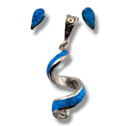 Sterling Silver Opal Spiral Twist Pendant and Teardrop Stud Earrings Set by OP