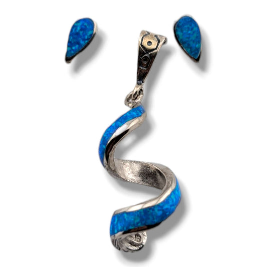 Sterling Silver Opal Spiral Twist Pendant and Teardrop Stud Earrings Set by OP