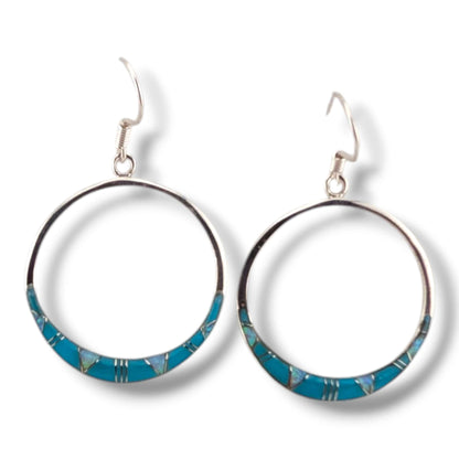 Sterling Silver Inlay Round Hollow Circle Hook Earrings