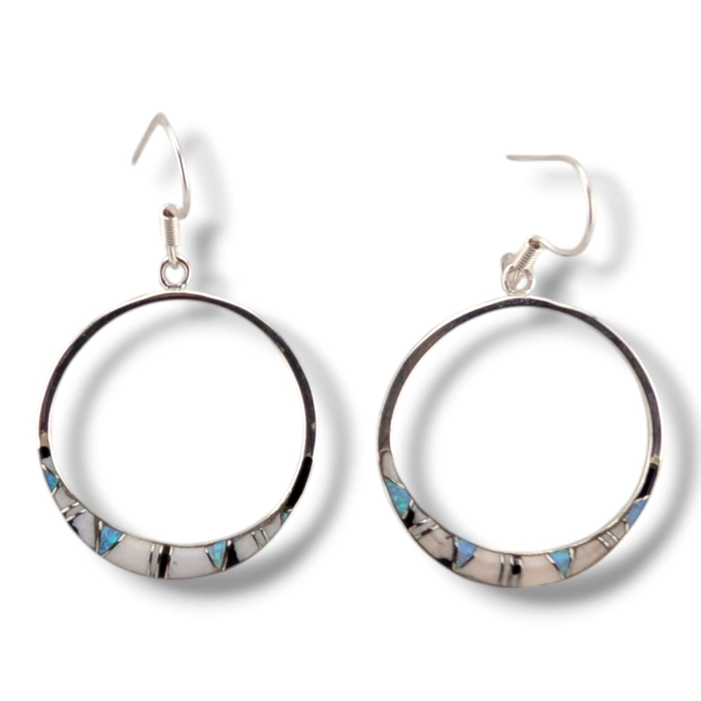 Sterling Silver Inlay Round Hollow Circle Hook Earrings