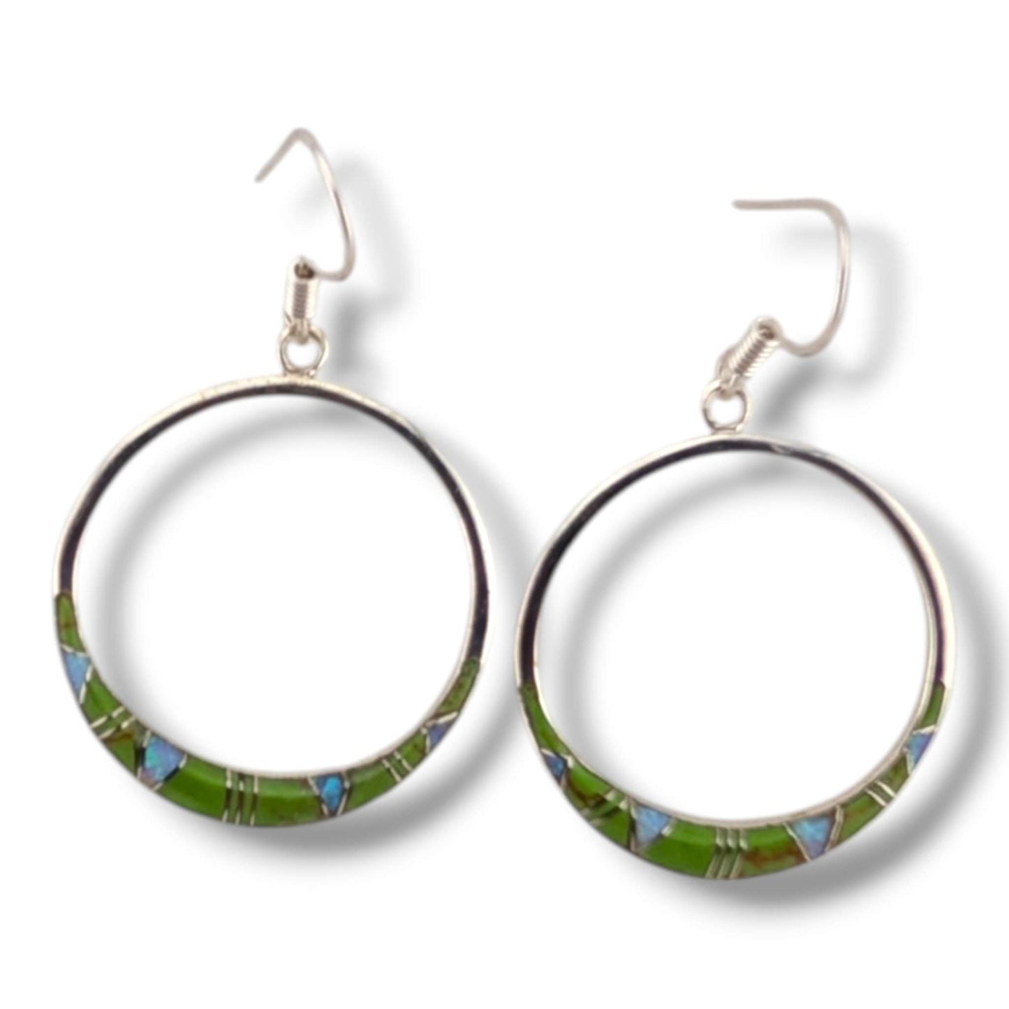 Sterling Silver Inlay Round Hollow Circle Hook Earrings
