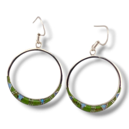 Sterling Silver Inlay Round Hollow Circle Hook Earrings