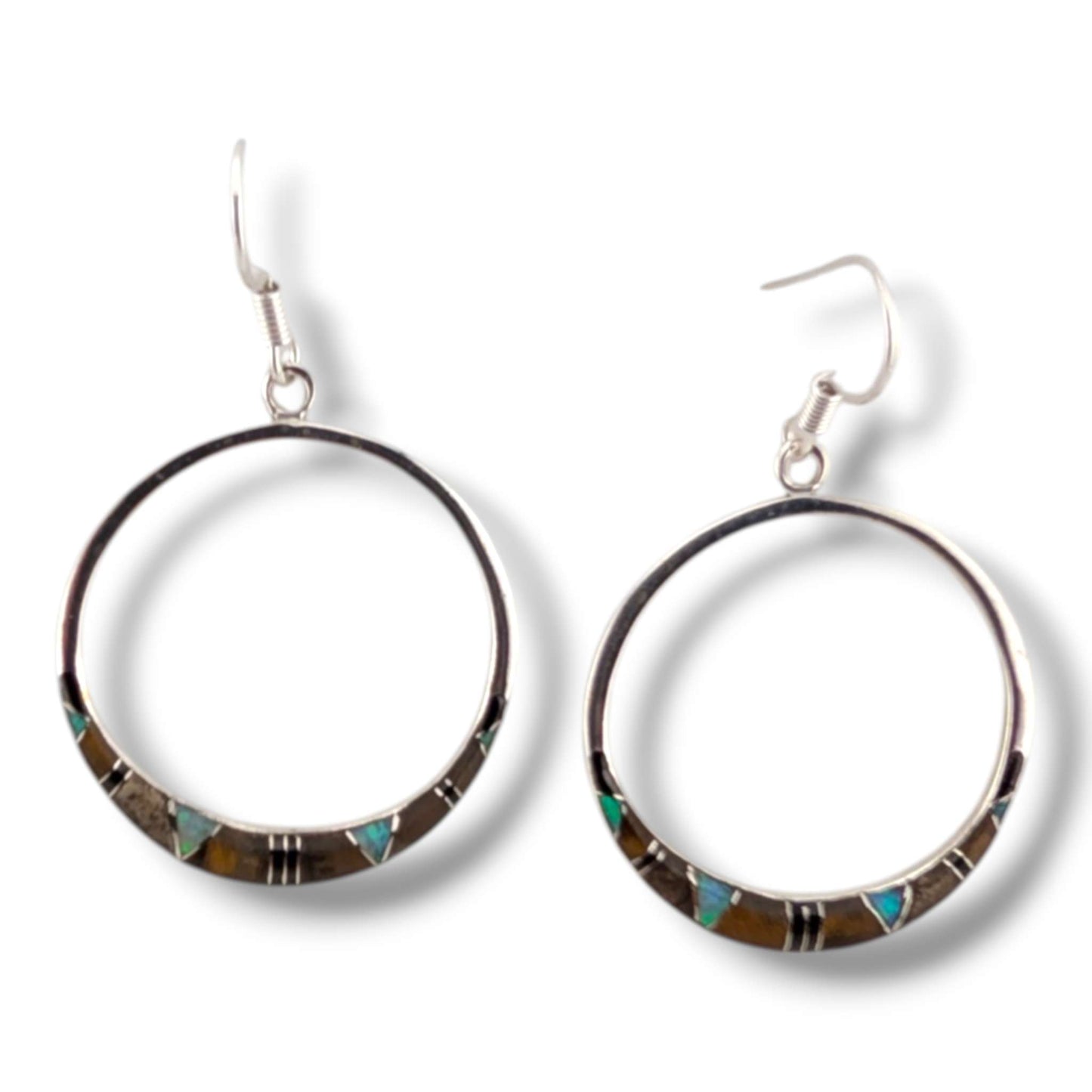 Sterling Silver Inlay Round Hollow Circle Hook Earrings